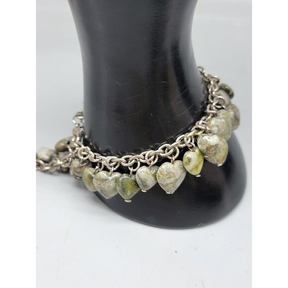 Jadeite Heart Dangling Charm Bracelet Silver Tone Oval Link Chain Adjustable 8" - Picture 3 of 13